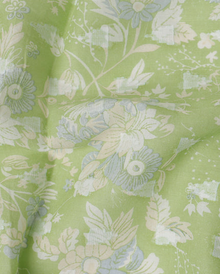 Light Green Traditional Sudanese Thobe Fabric with Soft Multicolor Floral Print, Pure Cotton Voile, 4.5 Mtrs Length, 140 Cms Width, Made in India-D26402
