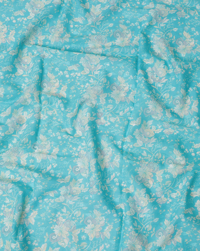 Turquoise Blue Traditional Sudanese Thobe Fabric with Soft Multicolor Floral Print, Pure Cotton Voile, 4.5 Mtrs Length, 140 Cms Width, Made in India-D26403