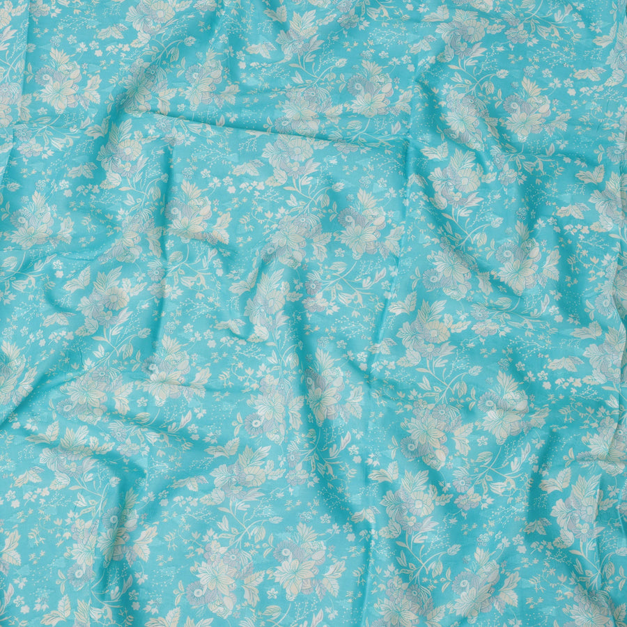 Turquoise Blue Traditional Sudanese Thobe Fabric with Soft Multicolor Floral Print, Pure Cotton Voile, 4.5 Mtrs Length, 140 Cms Width, Made in India-D26403