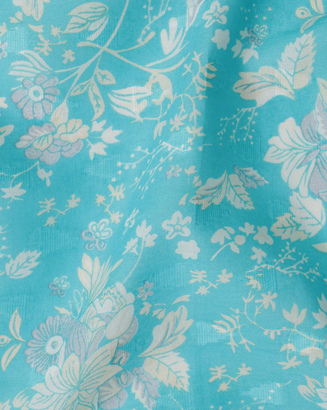 Turquoise Blue Traditional Sudanese Thobe Fabric with Soft Multicolor Floral Print, Pure Cotton Voile, 4.5 Mtrs Length, 140 Cms Width, Made in India-D26403