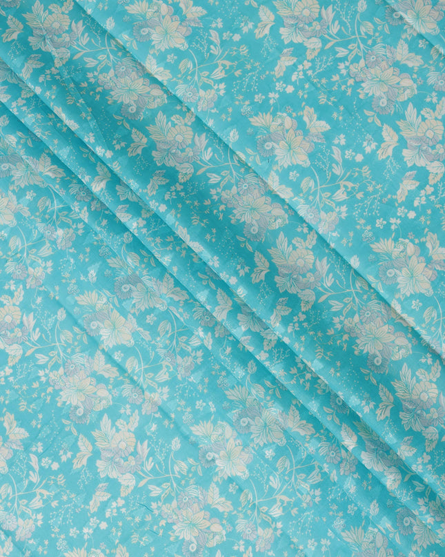 Turquoise Blue Traditional Sudanese Thobe Fabric with Soft Multicolor Floral Print, Pure Cotton Voile, 4.5 Mtrs Length, 140 Cms Width, Made in India-D26403