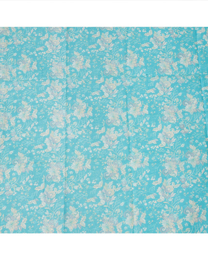Turquoise Blue Traditional Sudanese Thobe Fabric with Soft Multicolor Floral Print, Pure Cotton Voile, 4.5 Mtrs Length, 140 Cms Width, Made in India-D26403