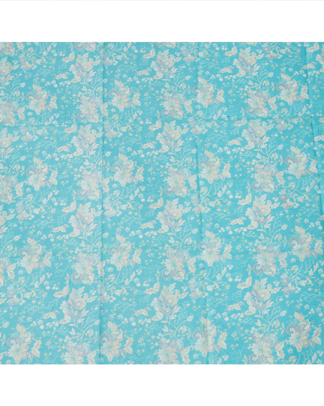 Turquoise Blue Traditional Sudanese Thobe Fabric with Soft Multicolor Floral Print, Pure Cotton Voile, 4.5 Mtrs Length, 140 Cms Width, Made in India-D26403