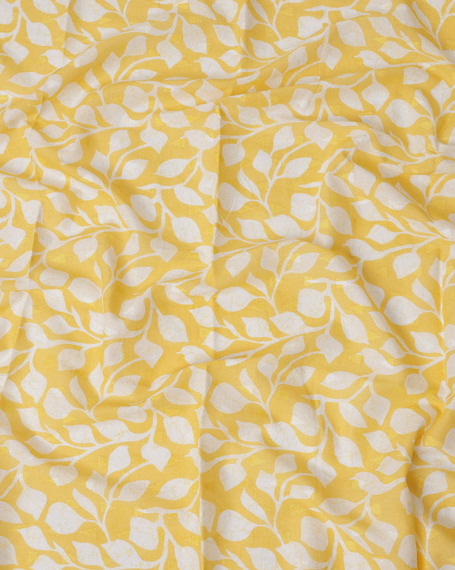 Yellow Traditional Sudanese Thobe Fabric with White Leaf Print, Pure Cotton Voile, 4.5 Mtrs Length, 140 Cms Width, Made in India-D26400