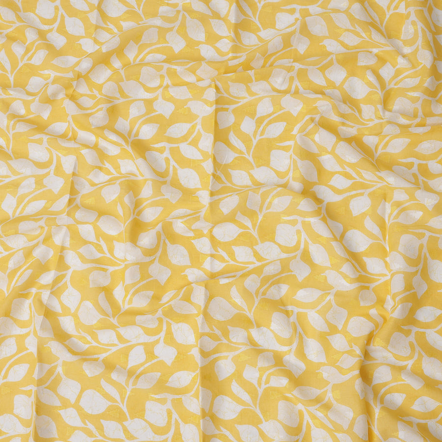 Yellow Traditional Sudanese Thobe Fabric with White Leaf Print, Pure Cotton Voile, 4.5 Mtrs Length, 140 Cms Width, Made in India-D26400
