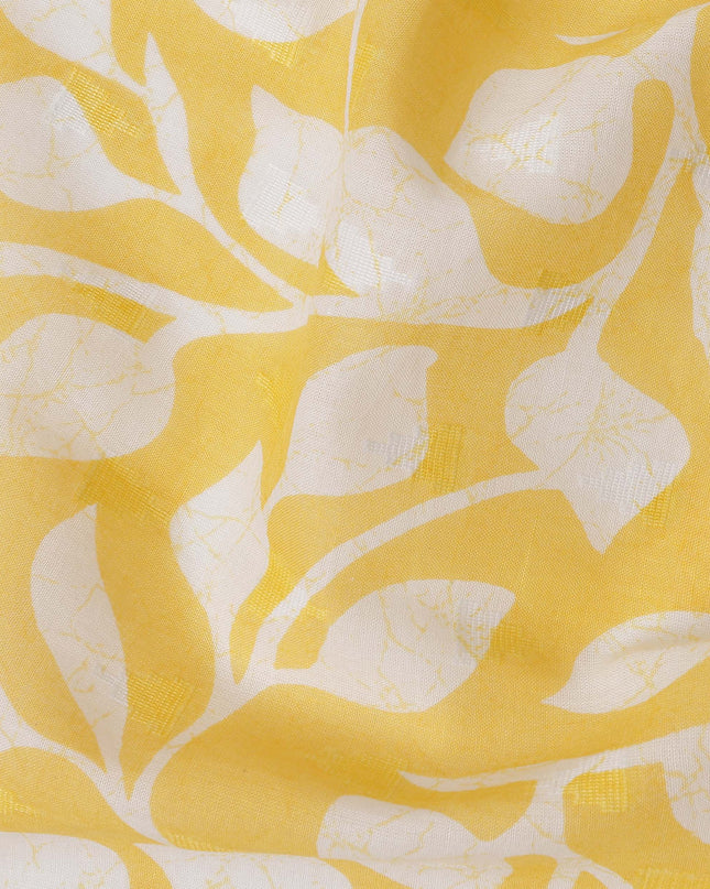 Yellow Traditional Sudanese Thobe Fabric with White Leaf Print, Pure Cotton Voile, 4.5 Mtrs Length, 140 Cms Width, Made in India-D26400