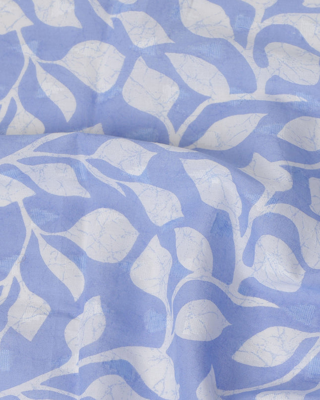 Light Blue Traditional Sudanese Thobe Fabric with White Leaf Print, Pure Cotton Voile, 4.5 Mtrs Length, 140 Cms Width, Made in India-D26399