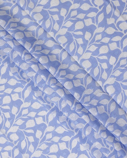 Light Blue Traditional Sudanese Thobe Fabric with White Leaf Print, Pure Cotton Voile, 4.5 Mtrs Length, 140 Cms Width, Made in India-D26399