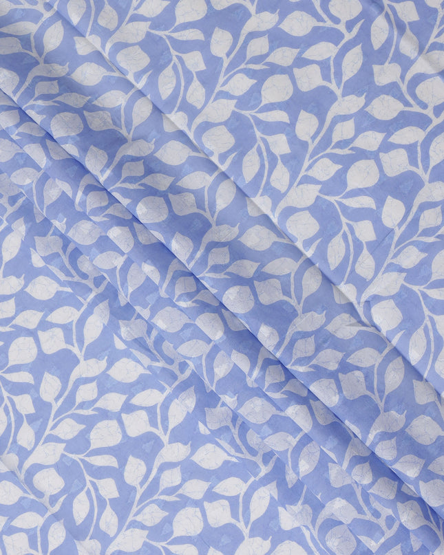 Light Blue Traditional Sudanese Thobe Fabric with White Leaf Print, Pure Cotton Voile, 4.5 Mtrs Length, 140 Cms Width, Made in India-D26399