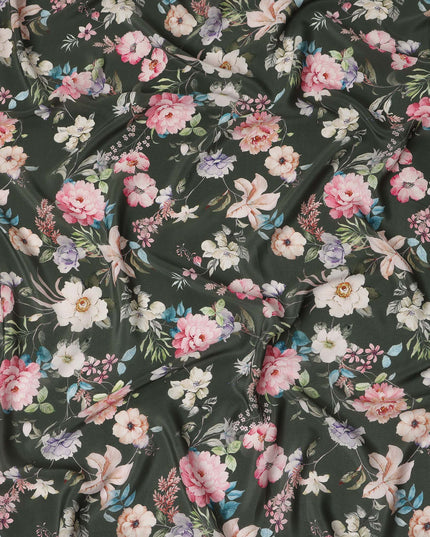 Green Floral Pure Silk Crepe Fabric 110cm - 1065366
