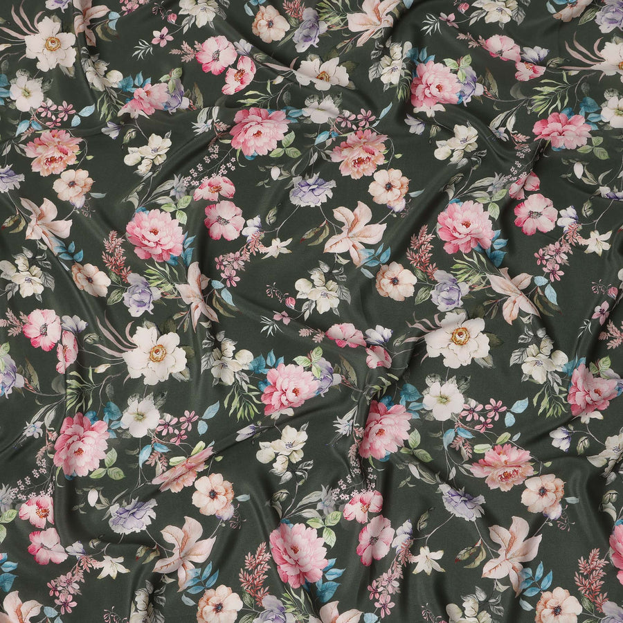 Green Floral Pure Silk Crepe Fabric 110cm - 1065366