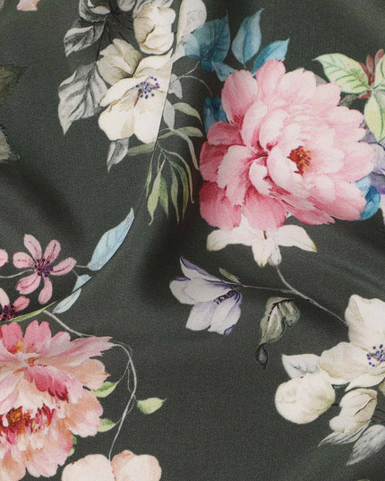 Green Floral Pure Silk Crepe Fabric 110cm - 1065366