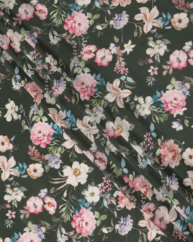 Green Floral Pure Silk Crepe Fabric 110cm - 1065366