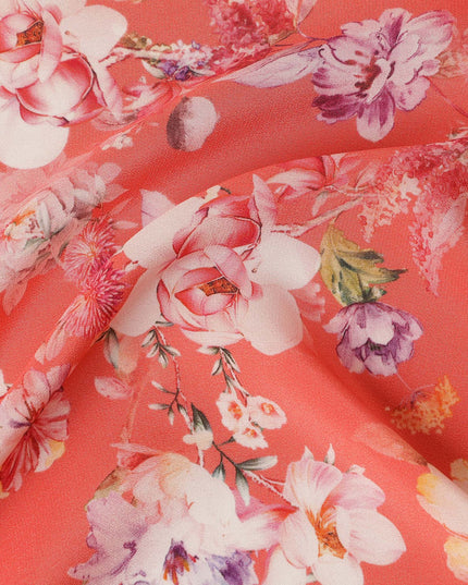 Red Floral Pure Silk Crepe Fabric 110cm - 1065397