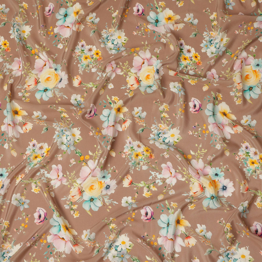 Beige Floral Pure Silk Crepe Fabric 110cm - 1065403