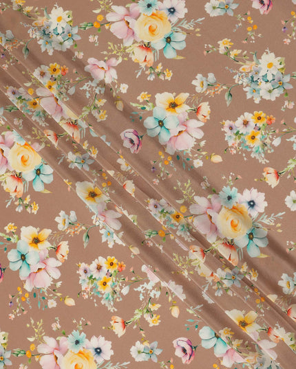Beige Floral Pure Silk Crepe Fabric 110cm - 1065403
