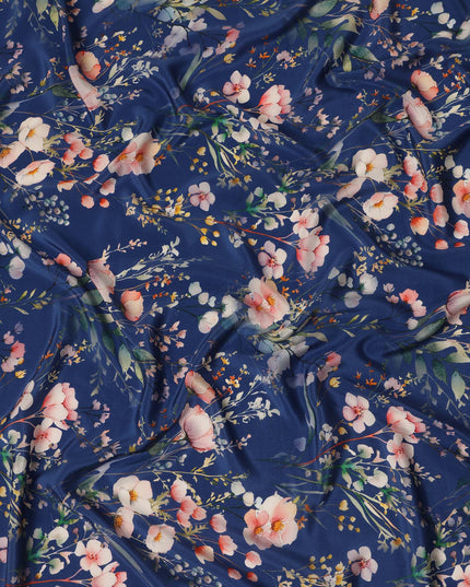 Blue Floral Pure Silk Crepe Fabric 110cm - 1065472