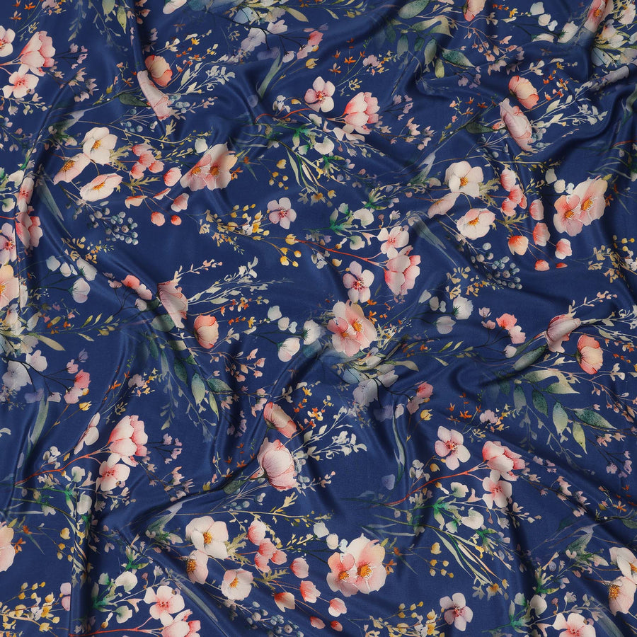 Blue Floral Pure Silk Crepe Fabric 110cm - 1065472