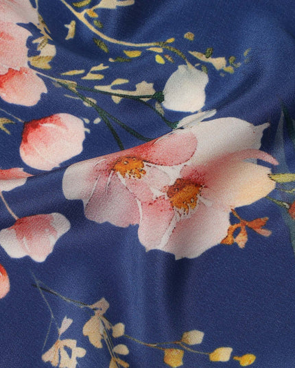 Blue Floral Pure Silk Crepe Fabric 110cm - 1065472