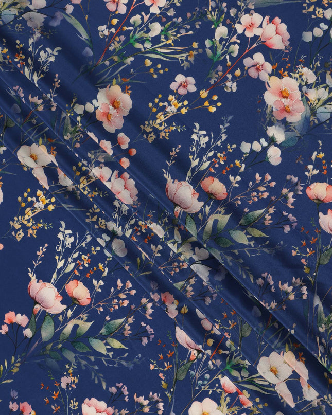 Blue Floral Pure Silk Crepe Fabric 110cm - 1065472