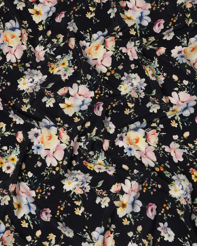 Black Floral Pure Silk Crepe Fabric 110cm - 1065502