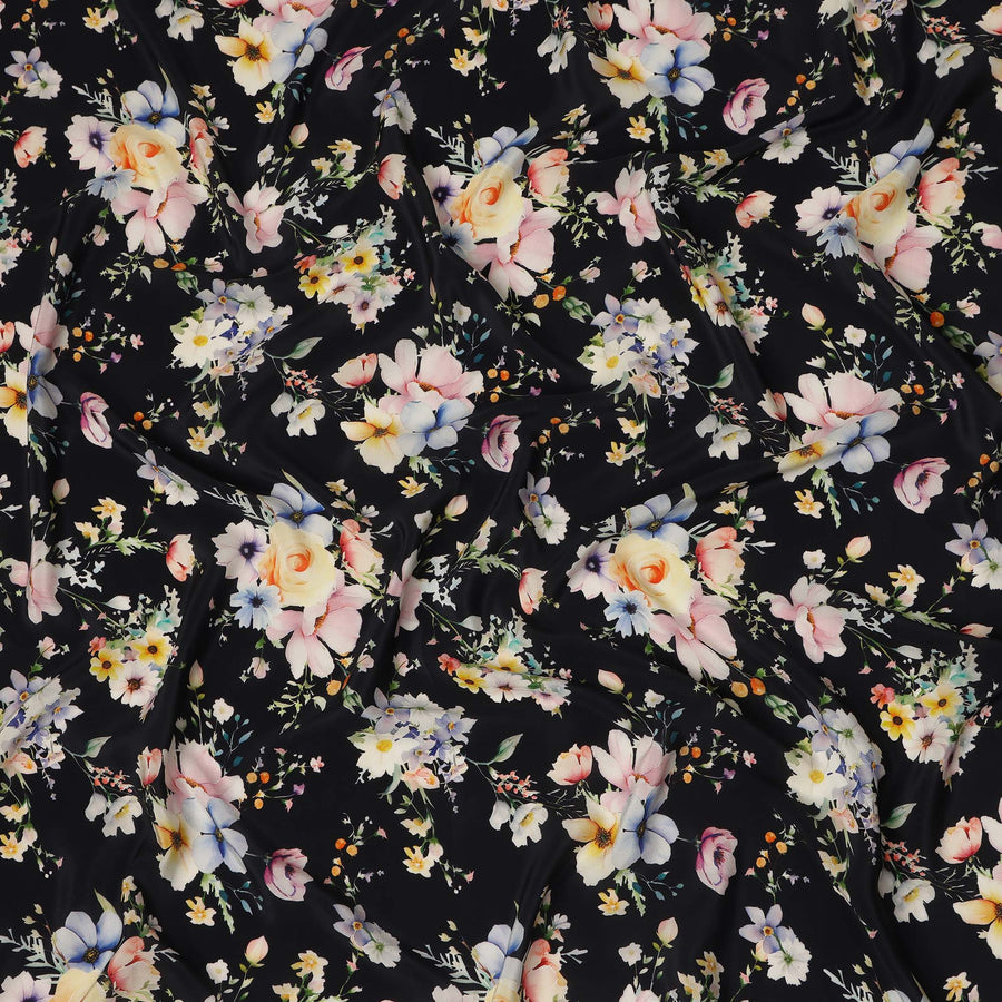 Black Floral Pure Silk Crepe Fabric 110cm - 1065502