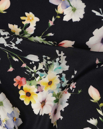 Black Floral Pure Silk Crepe Fabric 110cm - 1065502