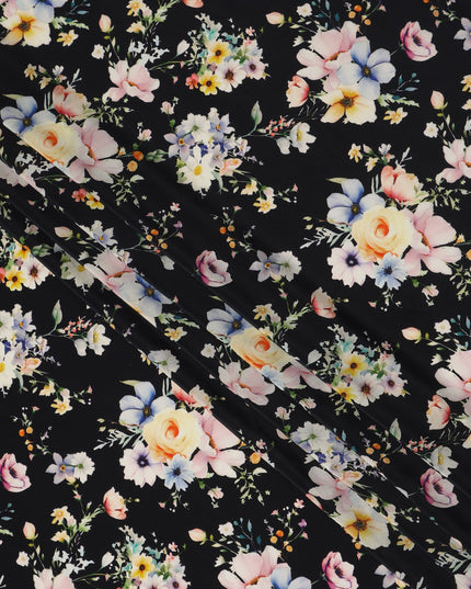 Black Floral Pure Silk Crepe Fabric 110cm - 1065502