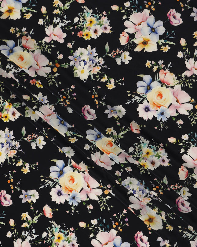 Black Floral Pure Silk Crepe Fabric 110cm - 1065502