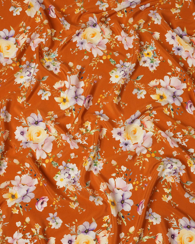 Orange Floral Pure Silk Crepe Fabric 110cm - 1065526