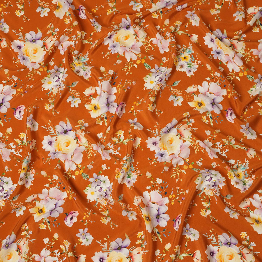 Orange Floral Pure Silk Crepe Fabric 110cm - 1065526