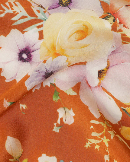 Orange Floral Pure Silk Crepe Fabric 110cm - 1065526