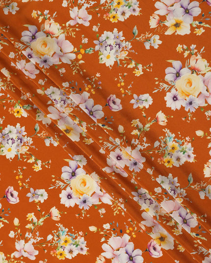 Orange Floral Pure Silk Crepe Fabric 110cm - 1065526