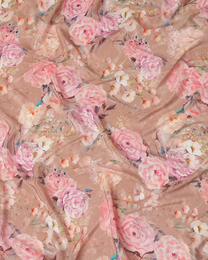 Beige Floral Pure Silk Crepe Fabric 110cm - 1065557