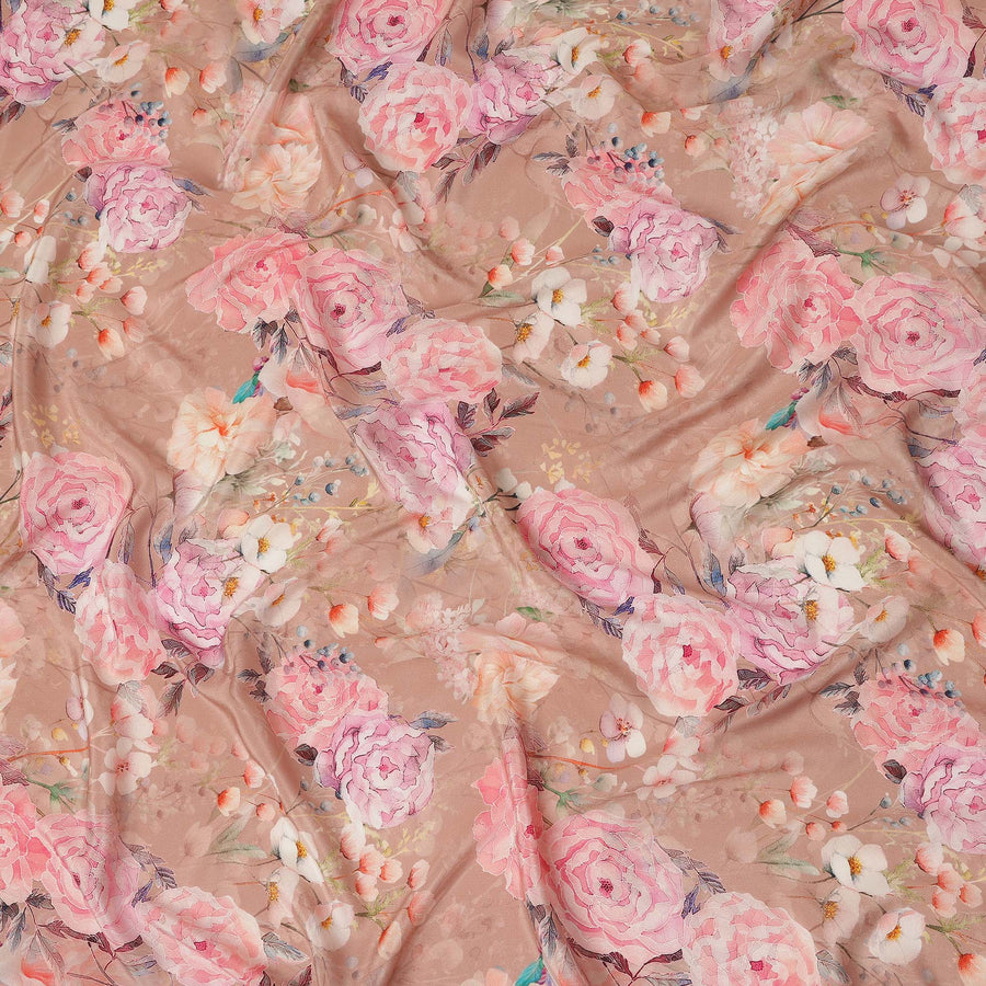 Beige Floral Pure Silk Crepe Fabric 110cm - 1065557