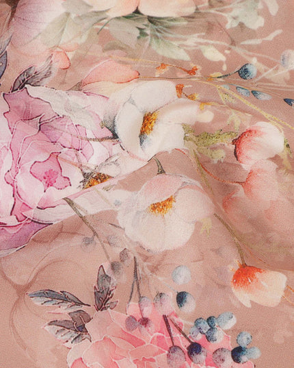 Beige Floral Pure Silk Crepe Fabric 110cm - 1065557