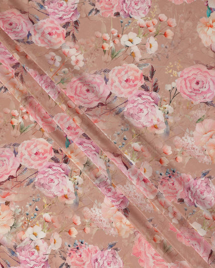Beige Floral Pure Silk Crepe Fabric 110cm - 1065557