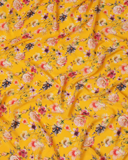 Yellow Floral Pure Silk Crepe Fabric 110cm - 1065564