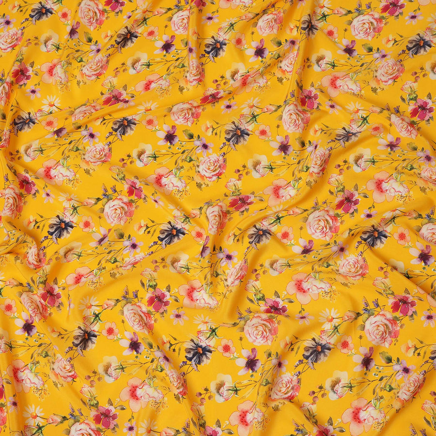 Yellow Floral Pure Silk Crepe Fabric 110cm - 1065564