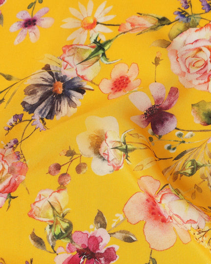 Yellow Floral Pure Silk Crepe Fabric 110cm - 1065564
