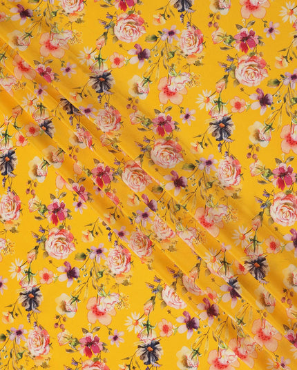 Yellow Floral Pure Silk Crepe Fabric 110cm - 1065564