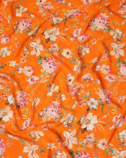 Orange Floral Pure Silk Crepe Fabric 110cm - 1065618
