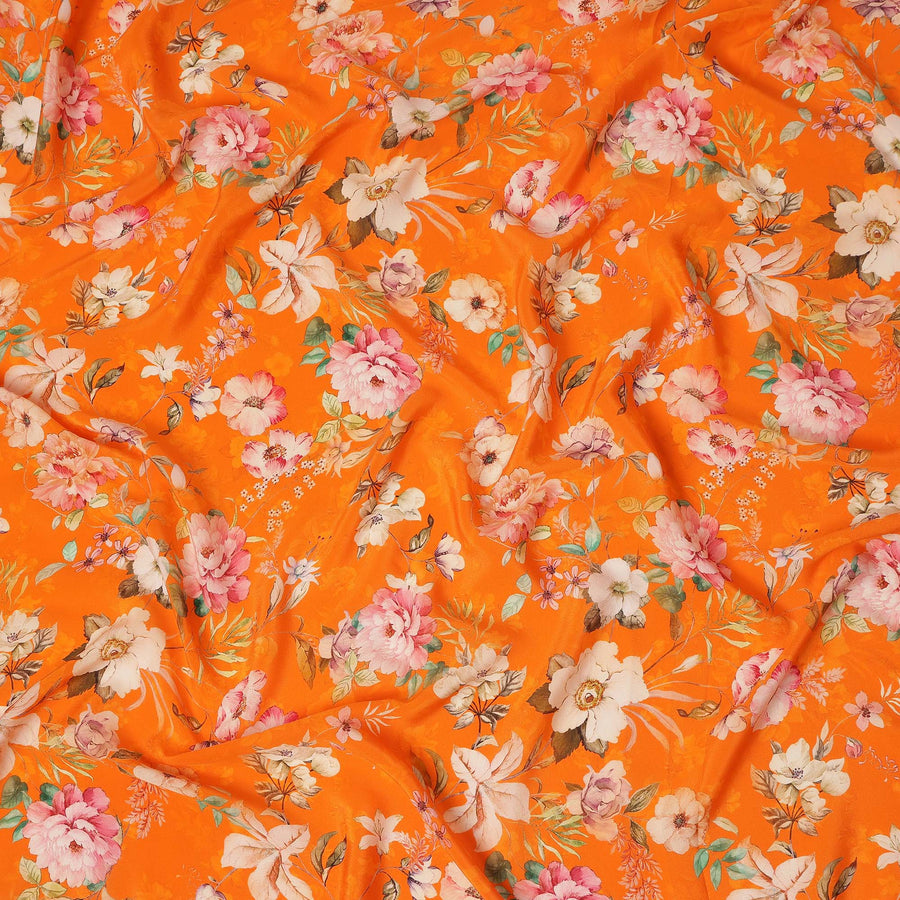 Orange Floral Pure Silk Crepe Fabric 110cm - 1065618