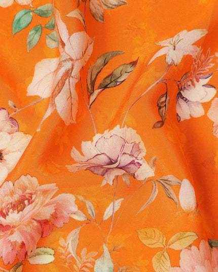 Orange Floral Pure Silk Crepe Fabric 110cm - 1065618