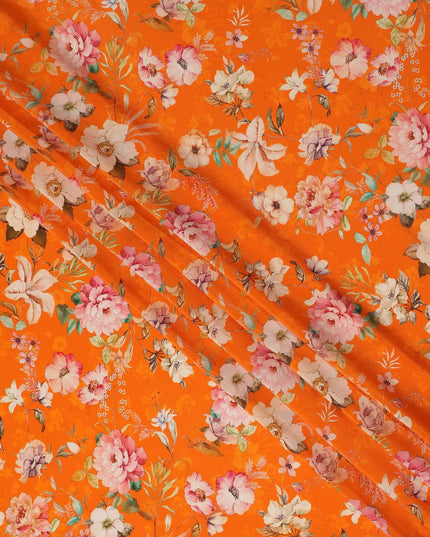 Orange Floral Pure Silk Crepe Fabric 110cm - 1065618