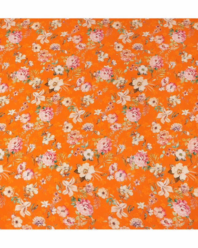 Orange Floral Pure Silk Crepe Fabric 110cm - 1065618