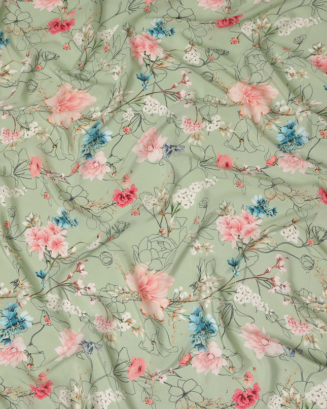 Green Floral Pure Silk Crepe Fabric 110cm - 1066035