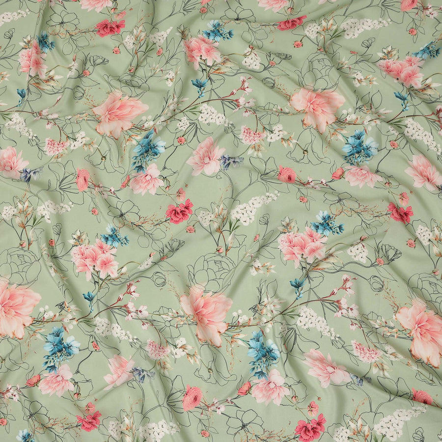 Green Floral Pure Silk Crepe Fabric 110cm - 1066035