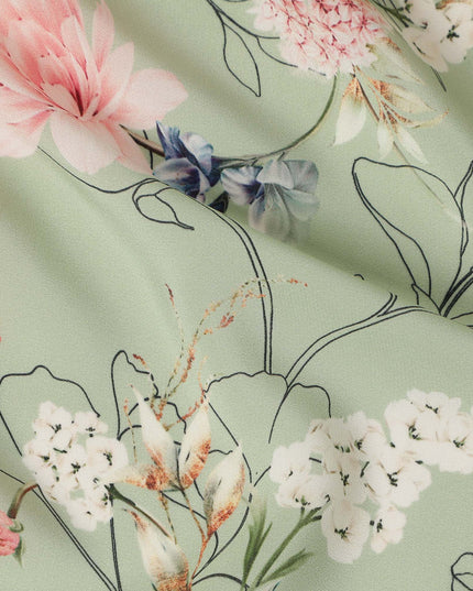 Green Floral Pure Silk Crepe Fabric 110cm - 1066035