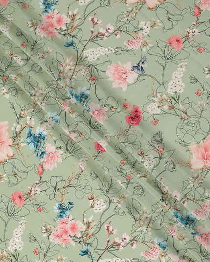 Green Floral Pure Silk Crepe Fabric 110cm - 1066035